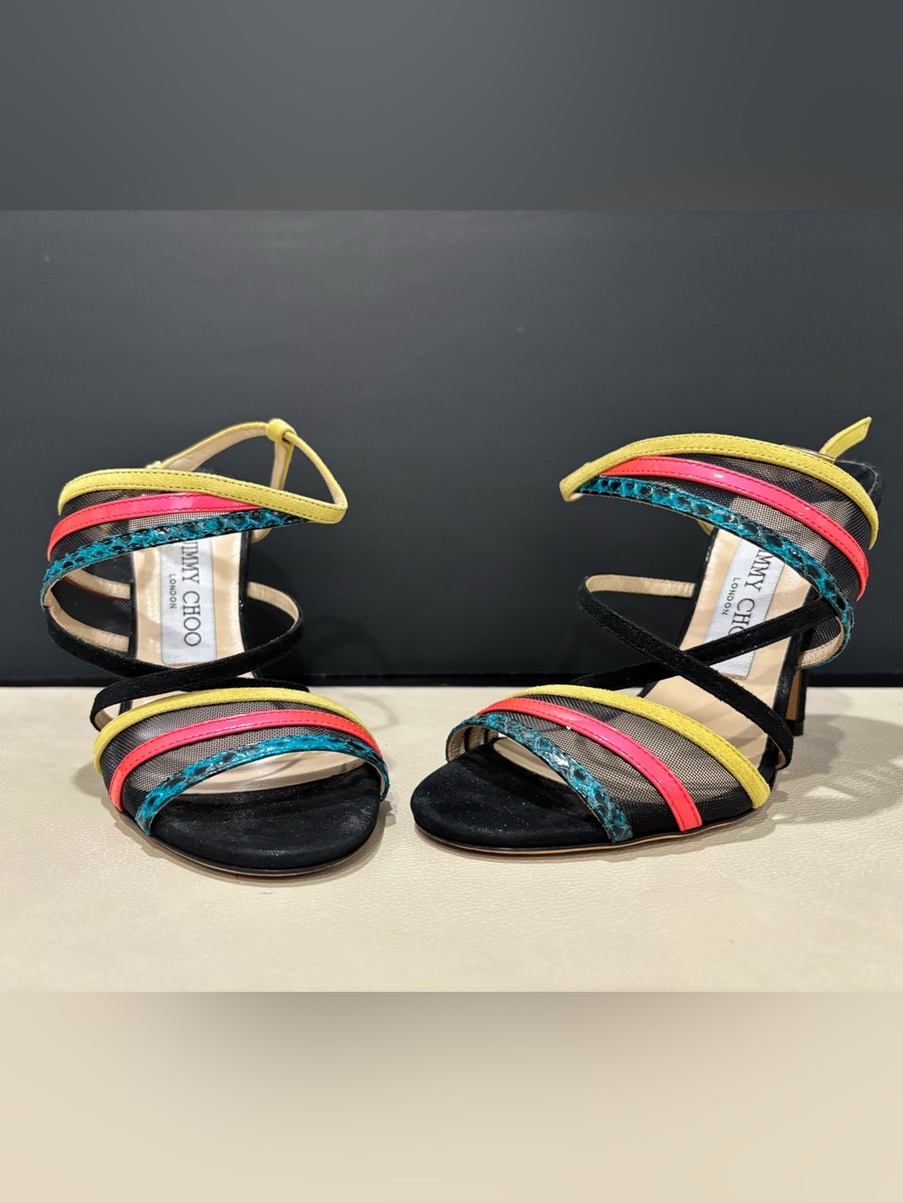 Jimmy Choo Heels Black Strappy, Size 5, Wedding Cocktail Colorful Evening Party - Picture 3 of 7